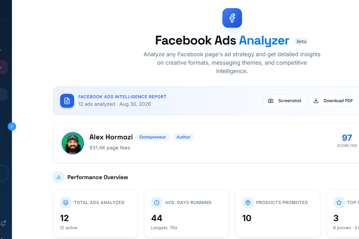Facebook ad library analyzer in the Pengu Insights dashboard