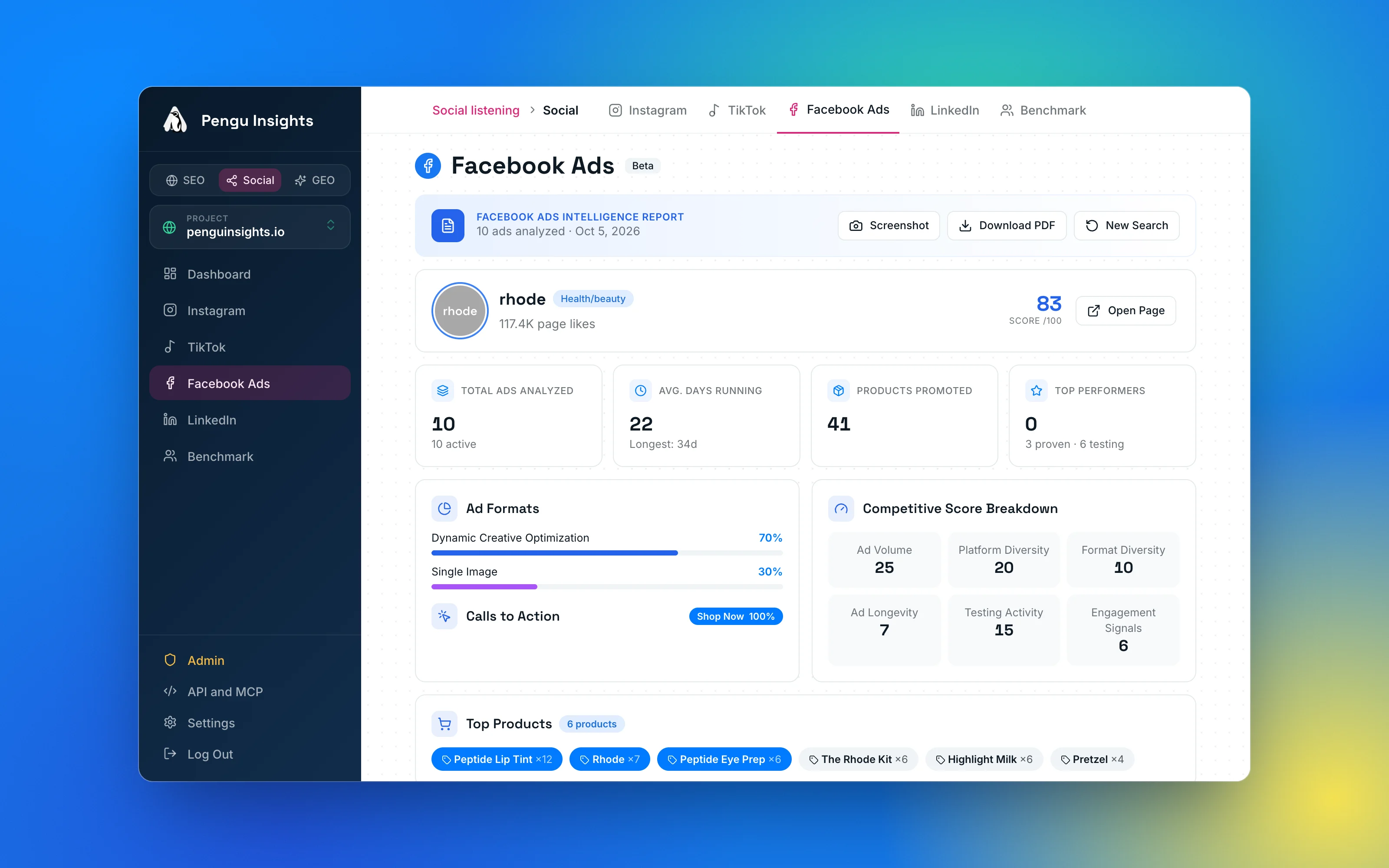 Meta ads report in the Pengu Insights dashboard