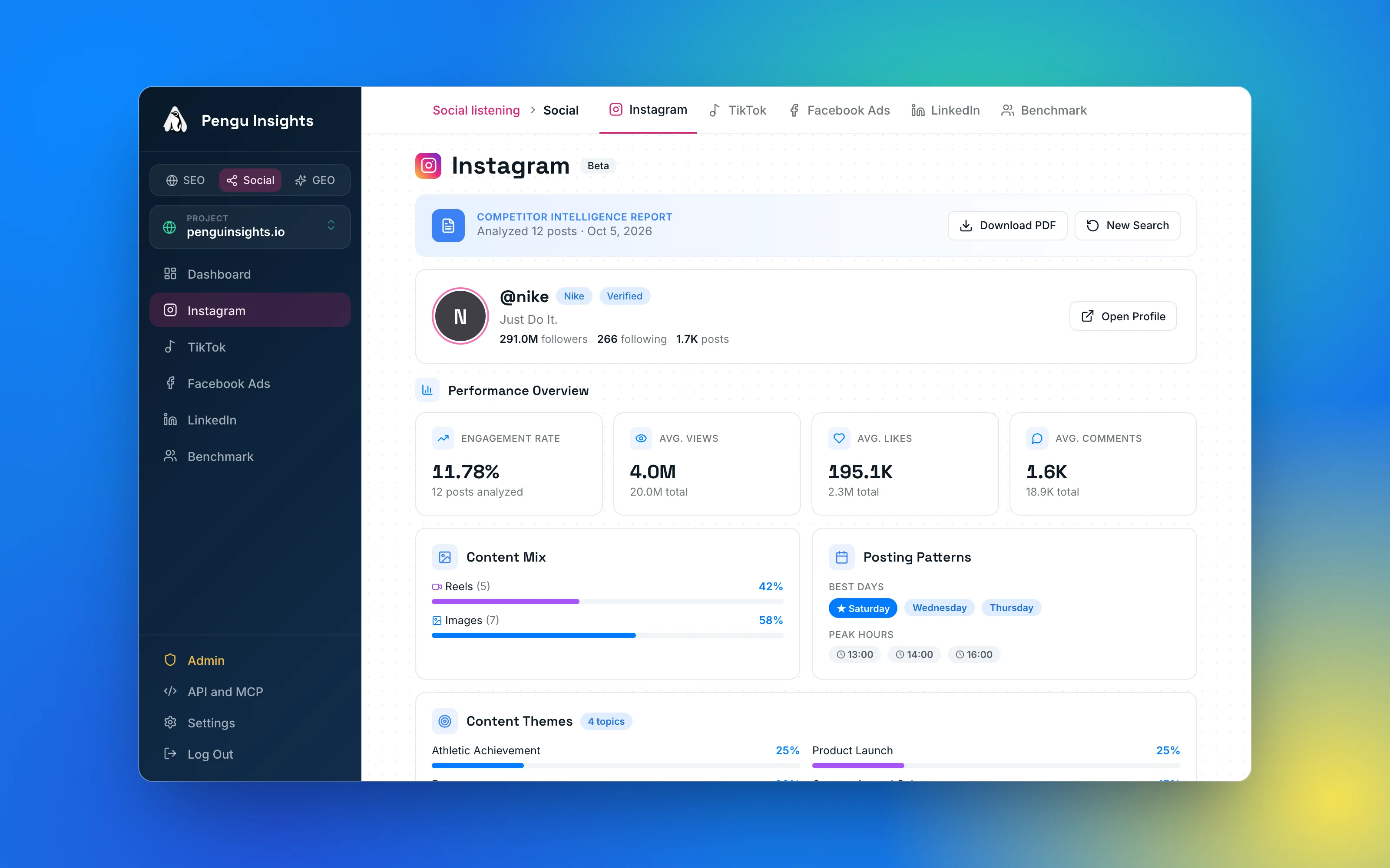Instagram report in the Pengu Insights dashboard