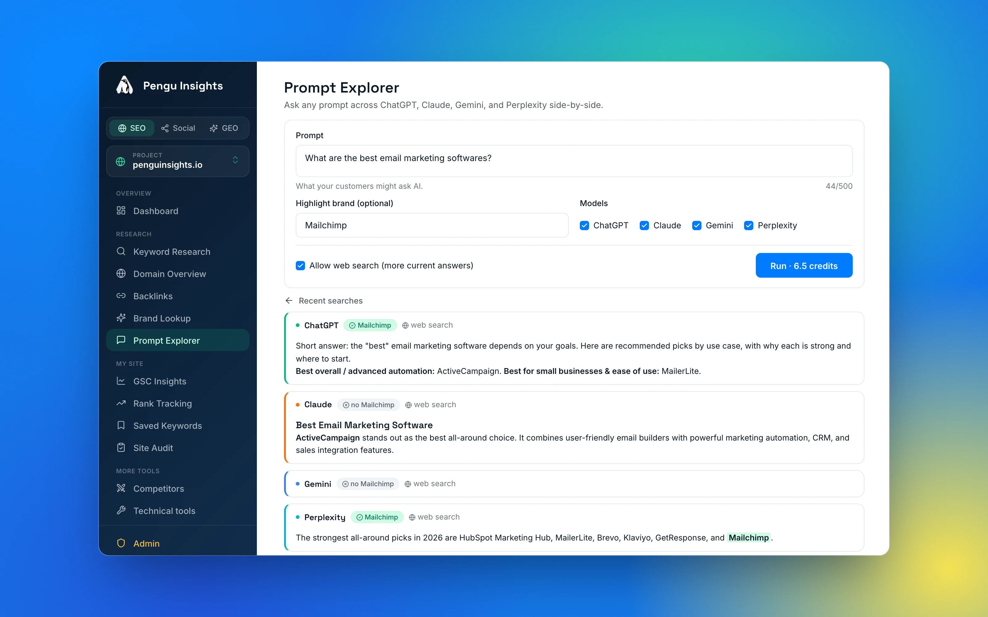 Prompt Explorer report in the Pengu Insights dashboard