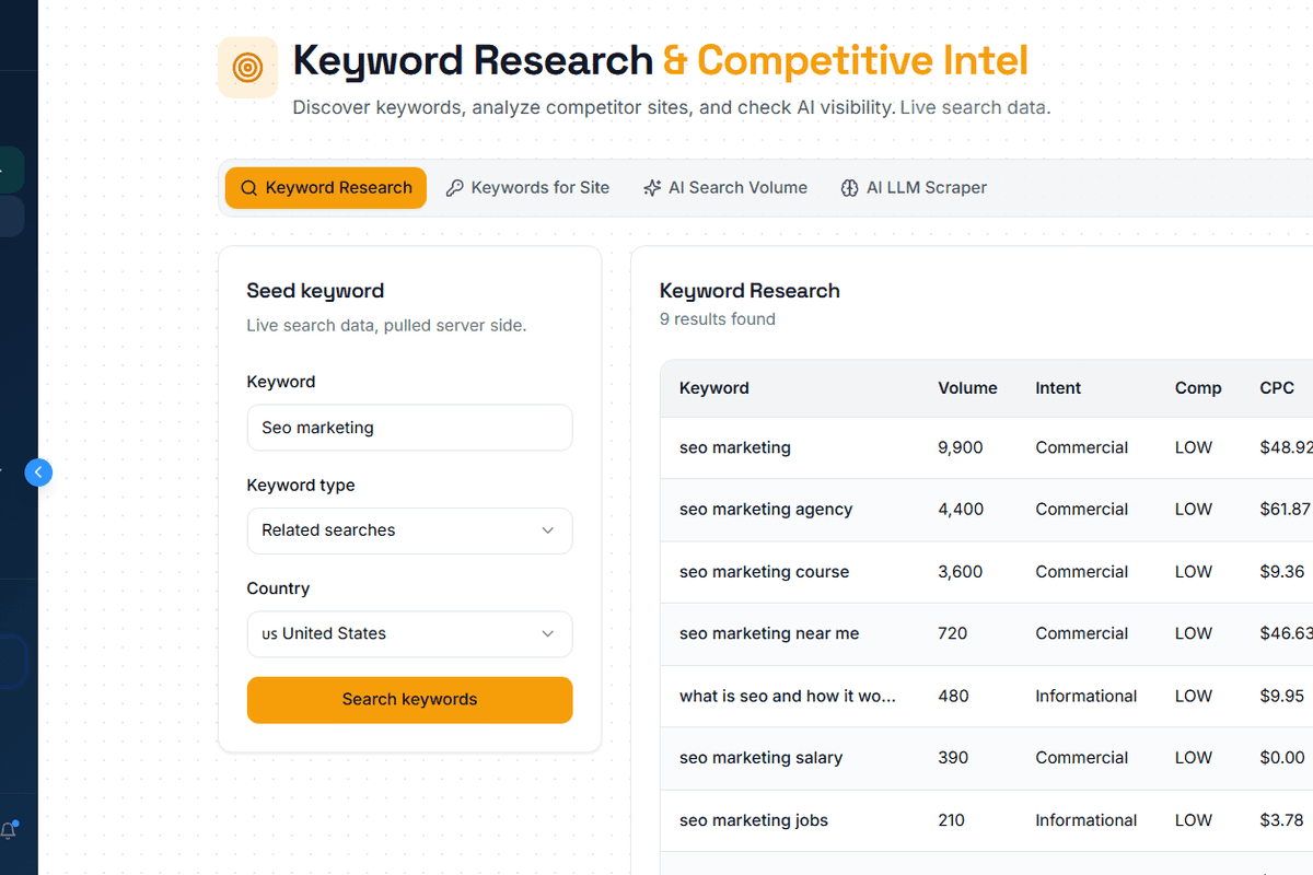 Keyword research and competitive intel in the Pengu Insights dashboard