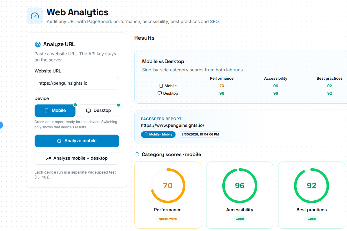 Web analytics and site audits in the Pengu Insights dashboard