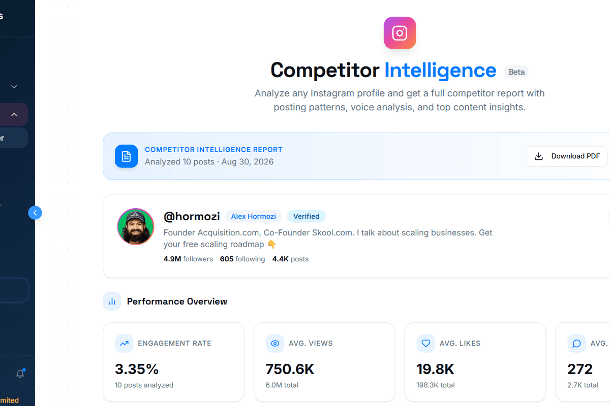 Instagram competitor intelligence in the Pengu Insights dashboard