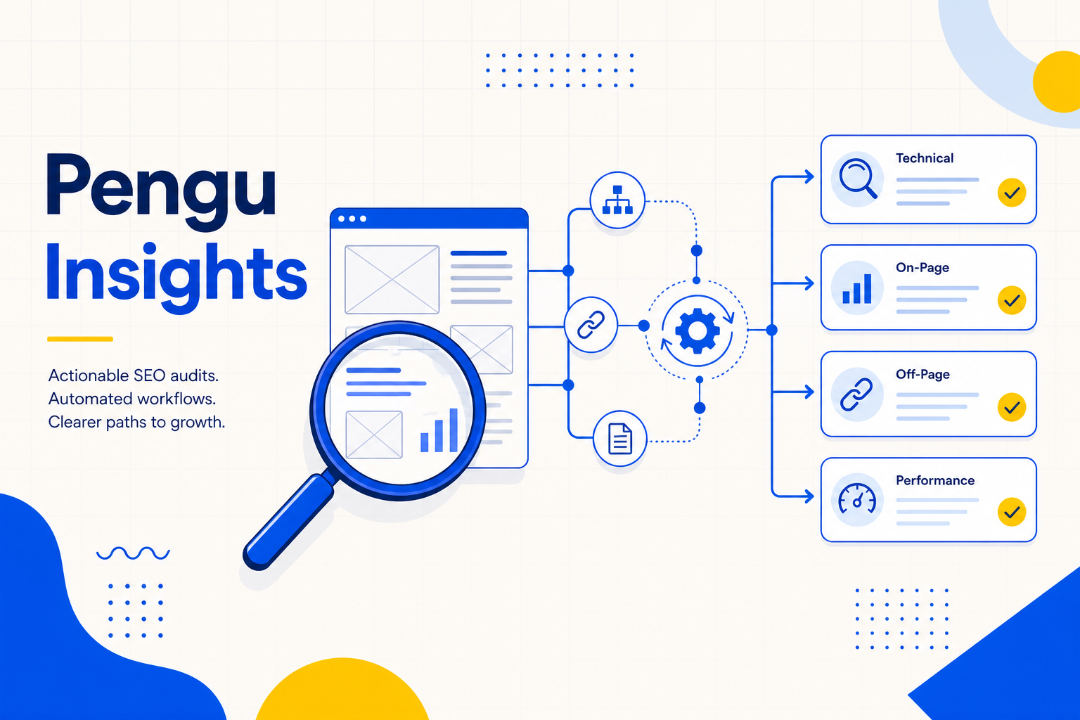 n8n-style AI SEO audit workflow connecting form input, Lighthouse, keyword data, and a client PDF report