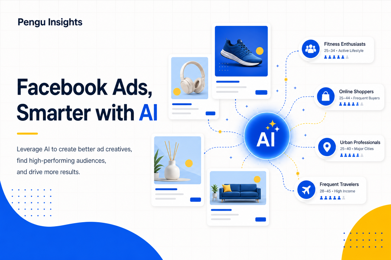 Marketer reviewing Meta Facebook ad creatives generated with AI next to competitor ad intelligence charts