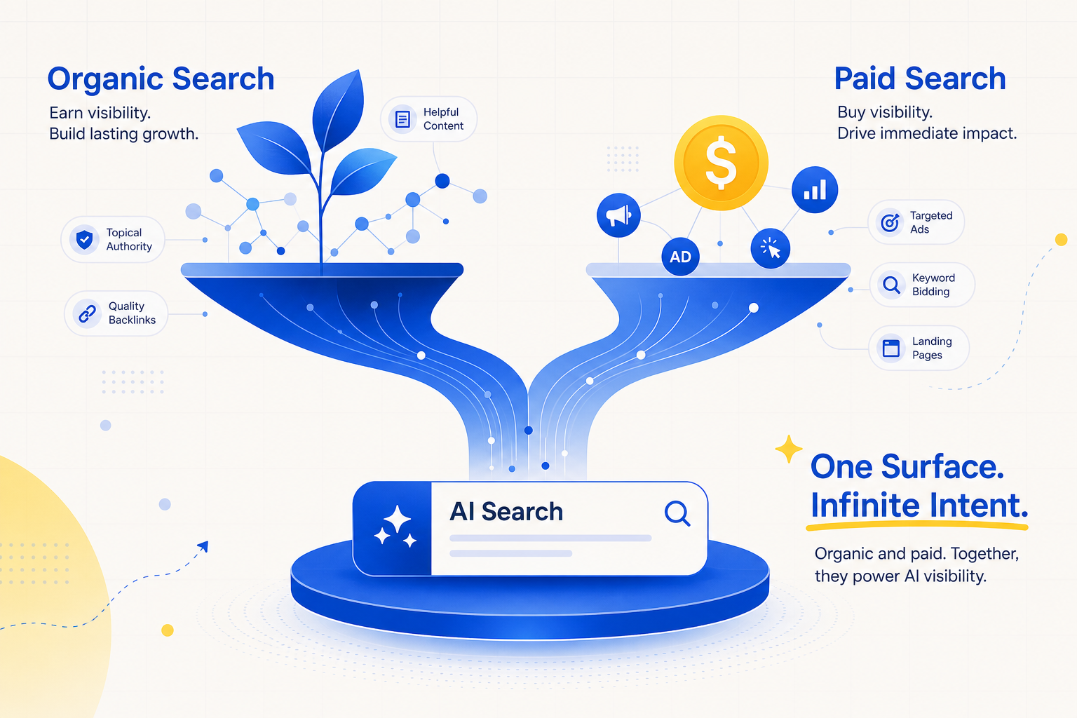Diagram of Google organic results and paid AI Mode ads sharing intent and brand signal loops in 2026