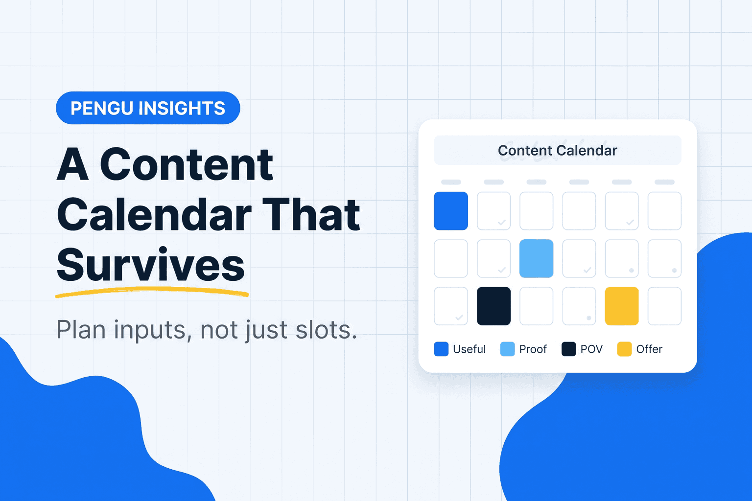 Illustration of a social media content calendar organised by pillar, format and channel